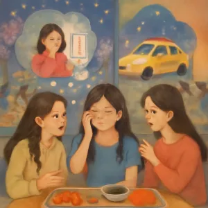 김보민,김수아,하지현, 나는 택시타고 분식집으로 간다. 난 유튜브에 연기관련 레슨 영상, 옷 영상 보고나서 김수아가 엄마없냐고  물어서 나는 고개만 끄덕였다. 김수아가 에스파노래듣고 울었다고 하자 우린 의아한다. 에스파 노래는 당당한 파워풀한 노래인데 왜 울어? 라는 생각이 들었지만 눈치없는 김보민이 왜 우냐고 코치코치 캐물어서 내가 사람마다 다른거라고 왜 존중 못하냐고 화내고 분식집에 도착한다. 손님은 바글바글해 자리잡고 앉았는데 막내숙모가 우리테이블에 떡볶이,미역국,궁중떡볶이,김치를 식판채 내뚜었다. 그렇게 웃으며 마무리 [꿈해몽]