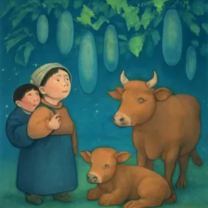푸른수세미가주렁주렁매달려있고아줌마가아이를 업고있고암소가 서있고그아래 숫송아지가 누워있다 [꿈해몽]