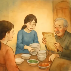 시댁식구 들과 음식을 먹고 빈그릇을 정리함 그리고 어른신이 오래된문서 누렇게 변한 서류를가지고 모라고 말씀하셨다 [꿈해몽]