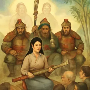 앞에 갑옺입은 등치가큰 장군세명이 의자에 나란히 앉있고 엄중한 표정으로 상징적인 월도를들어 보이며 이칼이 누구의 칼이냐며 문제를내면서 문제를 틀리게 말하면 목숨 앗아겠다함 내뒤에는 조상상님 두분이게시고 관운장 칼이라 일러줌 나는 안니다말하고 관음도라 말함 장군들이 맟다말하며 살아짐 나의손에 그칼이놓여있고 대나무 평상에 앉으니 남여노소 애 어른들이 읍하고있음 [꿈해몽]