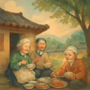 돌아가신 부모니이 옛날시골 집에서 생활하시는모습 마을분이기가 명절같은 분이기 마을회관에서 음식을 나눠먹는 잣치분이기 [꿈해몽]