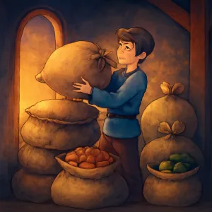 창고에 서 음식 이들어 있는 자루들을 멋지게 싸아올리는 꿈.  [꿈해몽]