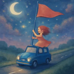 자동차 로깃발을 높이달고 그깃발꼭대기 끝을 잡고 도로를 달리는 꿈.  [꿈해몽]