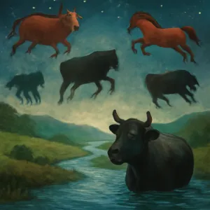 소.말 등이 여러 마리가 검정소도 검정 말들이 엄청 큰 짐승 들이 보여지는것 같은데 높이 떳다 바닥으로 떨어지고 높이떳다 강으로 내려가 떠내려가기도 하는 꿈.  
 [꿈해몽]