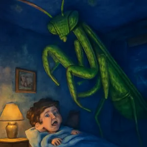 초록색 사마귀가 안방 천장에 붙어있고 엄청 컸어 사마귀는 활발하게 움직였고 나는 무서워했어 [꿈해몽]